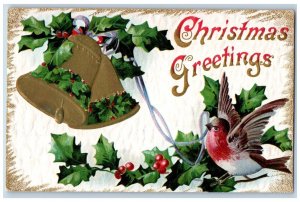 Christmas Postcard Greetings Holly Berries Ringing Bells Song Bird Embossed