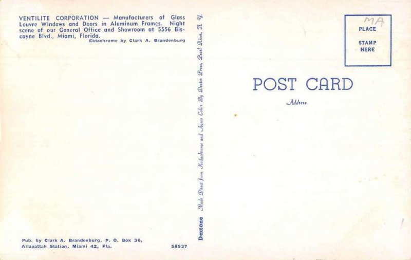 Miami Florida Ventilite Corp Window and Doors Store at Night Postcard AA35152 