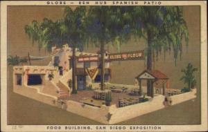 San Diego Expo Food Bldg Globe Flour Ben Hur Spanish Patio Postcard
