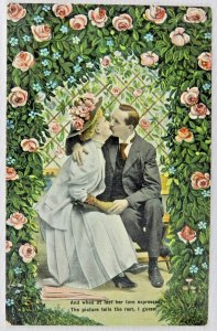 Formally Dressed Man and Woman Share Kiss Together with Roses - Vintage Postcard