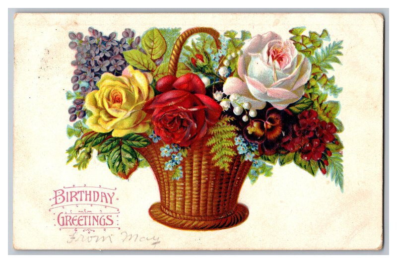 c1908 Postcard Birthday Greetings Vintage Standard View Card Basket Flowers 