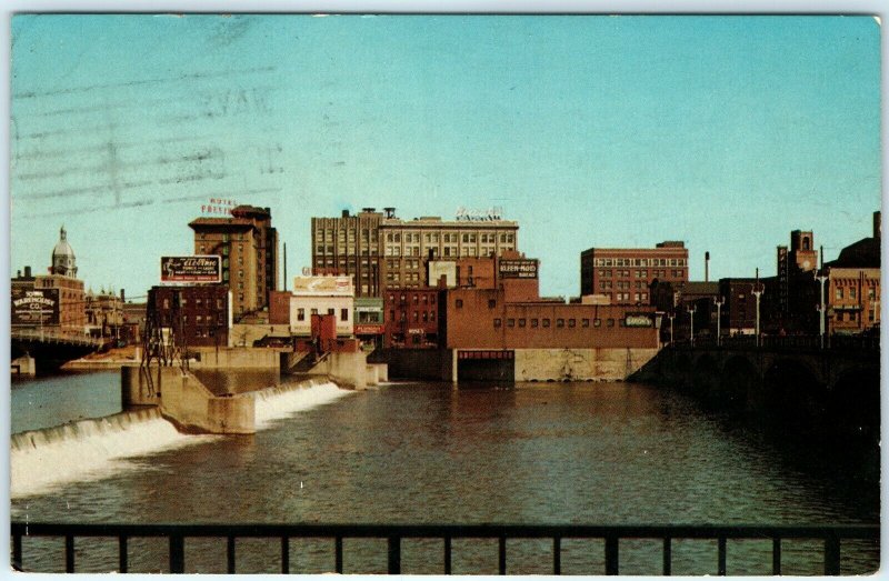 1970 Waterloo IA Dam Downtown Skyline Chrome Photo Postcard 4th St Paramount A46