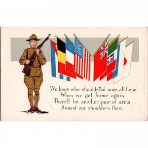 Original WWI Era Postcard - Flags of Allys - Embossed - Young Soldier