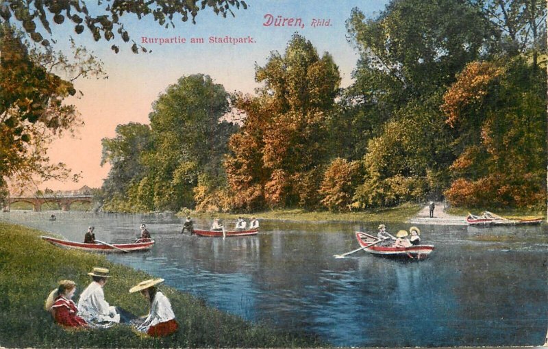 Germany navigation themed postcard Duren rowboat lady hat picnic