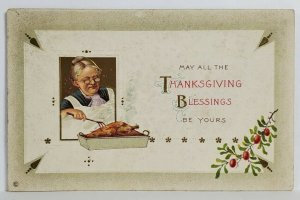 Thanksgiving Blessings Old Woman with Turkey 1916 Wooster Ohio Postcard T10