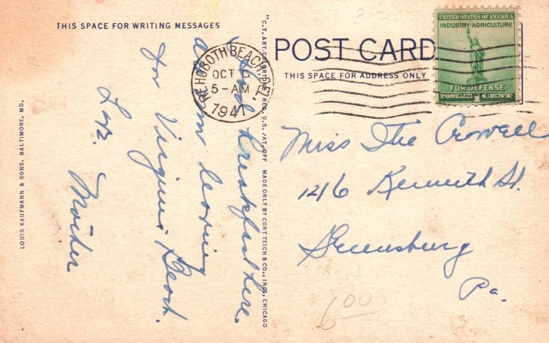 1941 Henlopen Hotel Building Landmark Rehoboth Beach Delaware DE Posted Postcard