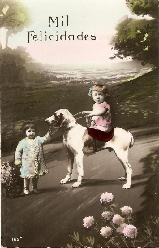 \Little Girls riding a Dog\ Fine Greetings Postcard  