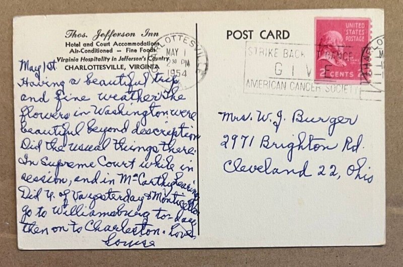 POSTCARD 1954 USED - THOS. JEFFERSON INN, CHARLOTTESVILLE, VA.