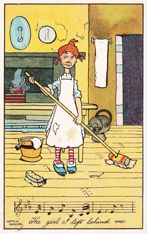 Cleaner Lady Mopping Sweeping Singing Antique Postcard