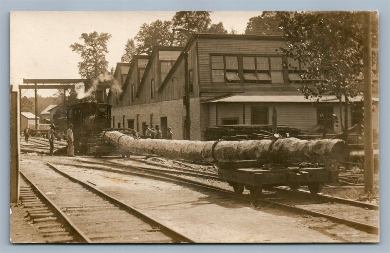 LOCOMOTIVE w/ HUGE TREE LOG ANTIQUE REAL PHOTO POSTCARD RPPC RAILROAD railway