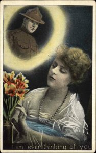 World War I WWI Beautiful Woman and Soldier Thinking of You Vintage Postcard