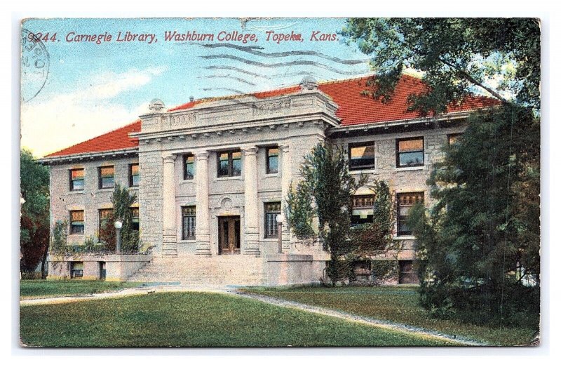 Postcard Carnegie Library Washburn College Topeka Kans. Kansas c1913 Postmark