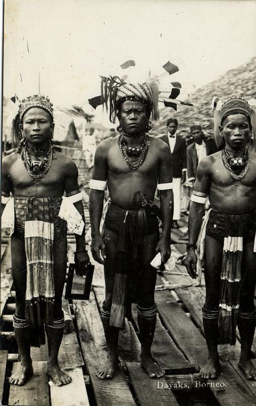 malay malaysia, BORNEO SARAWAK, Native DAYAK Warriors (1936) RPPC