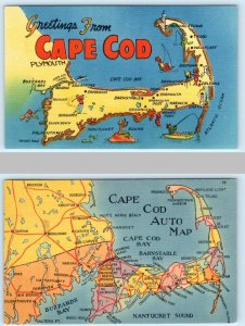 2 Postcards GREETINGS from CAPE COD, MA ~ AUTO MAP ca 1940s Linens