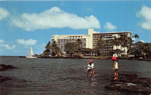 Hilo Hawaii~Naniloa Surf Hotel~Girls Fishing along Shore of Bay~Sailboat~1960s