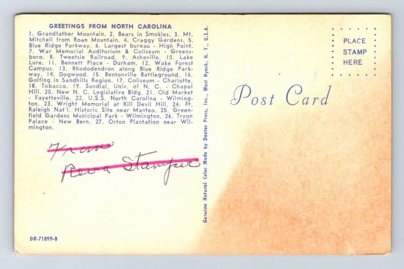 Greetings North Carolina Tarheel State Map Multi View Landmarks Chrome Postcard 
