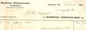 1920 GORHAM MAINE BARROWS GREENHOUSES FLORISTS BILLHEAD INVOICE Z1160