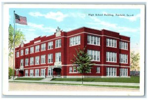 c1920 Exterior View High School Building US Flag Fairfield Iowa Vintage Postcard