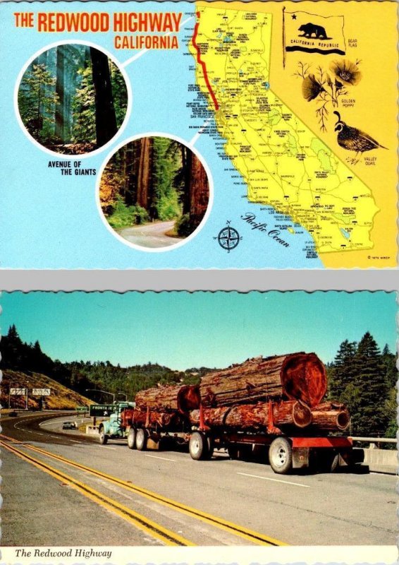 2~4X6 Postcards CA, California REDWOOD HIGHWAY Map & LOGGING TRUCK Highway 101