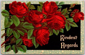 1911 Kindest Regards Large Print Red Roses Bouquet Greetings Posted Postcard 