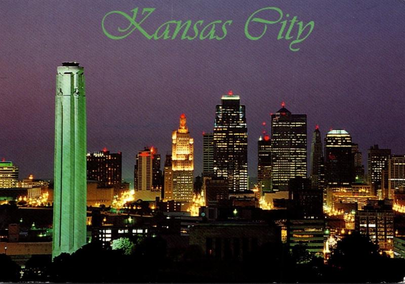 Missouri Kansas City Downtown Skyline and Liberty Memorial At Night 1997