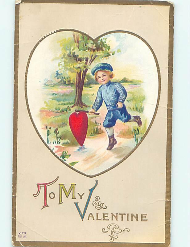 Bent Corner Divided-Back Valentine BOY ROLLS HEART DOWN PATH WITH STICK o5321