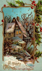 C. 1910 Fab Winter Cottage Starry Night Moon Dresden Christmas Postcard F10