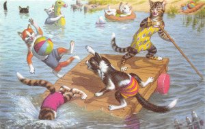 G91/ Dressed Cats Alfred Mainzer Postcard c1940s Swimming Dock 33