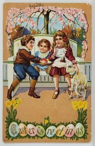 Easter Children on Bench with Eggs and Lamb Embossed 1913 Postcard S9