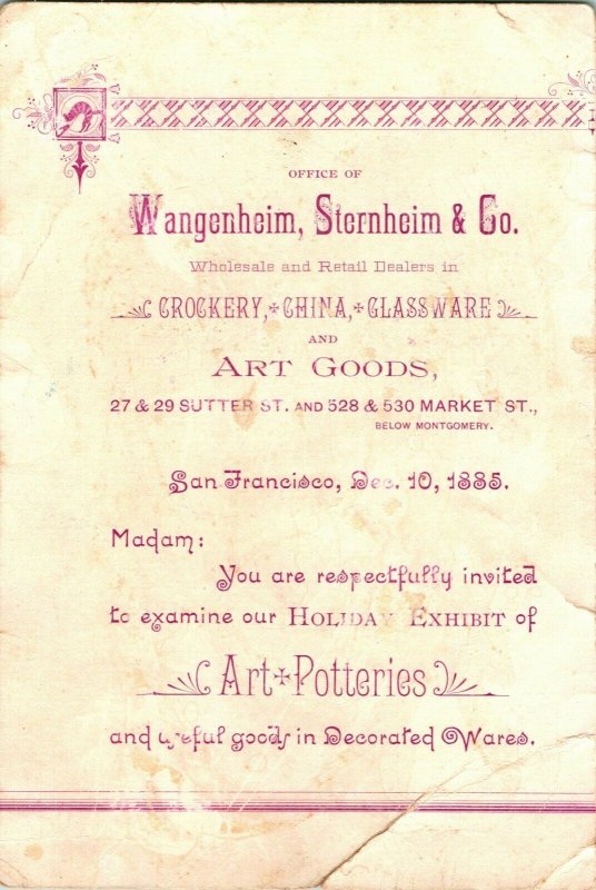 Victorian Trade Card San Francisco CA 1885 Wagenheim Sternheim & Co Pottery M10