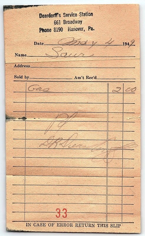 1949 HANOVER PA DEARDORFF'S SERVICE STATION 661 BROADWAY GAS INVOICE Z3786