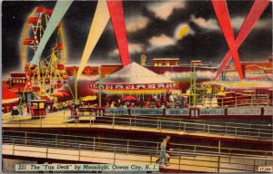 Linen Postcard The Fun Deck by Moonlight in Ocean City, New Jersey