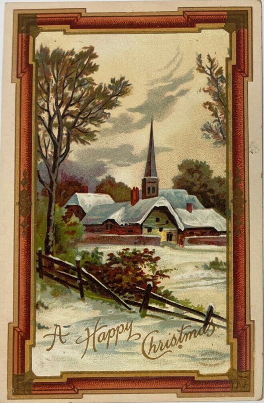 A Happy Christmas Greeting Chapel Winter Snow Scene Postcard 1909