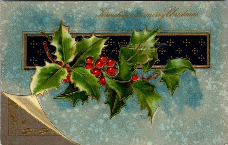 Wish You Merry Christmas - Holly Embossed Gold  - POSTCARD PC POSTED embossed