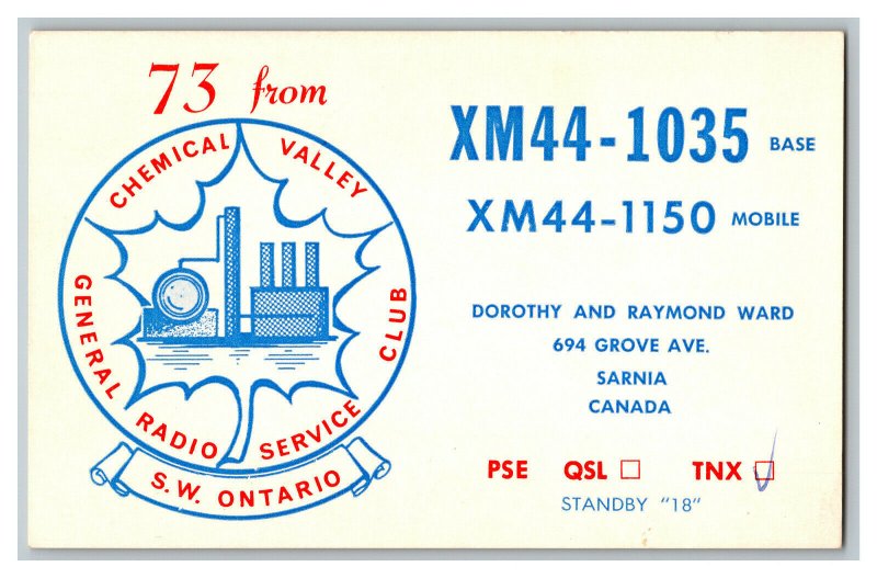 Postcard QSL Radio Card From Sarnia Ontario Canada XM44-1035 