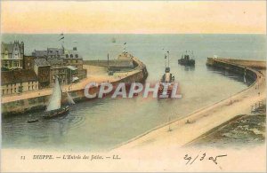 Old Postcard Dieppe Entree jetties Boat
