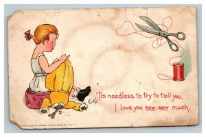 Vintage 1903 Tuck's Comic Postcard Cute Girl Sewing Yellow Dress Very EARLY Card