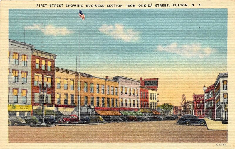 Fulton New York 1958 Postcard First Street With Business Section Cars Stores