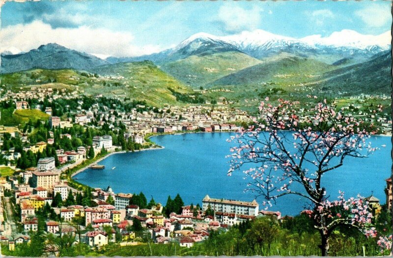 Lugano Panorama Lake Snow Covered Mountain Vintage Postcard 