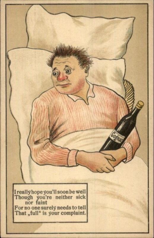 Alcoholism? Bug-Eyed Man in Bed Holding Bottle of Cognac - Poem c1910 Postcard