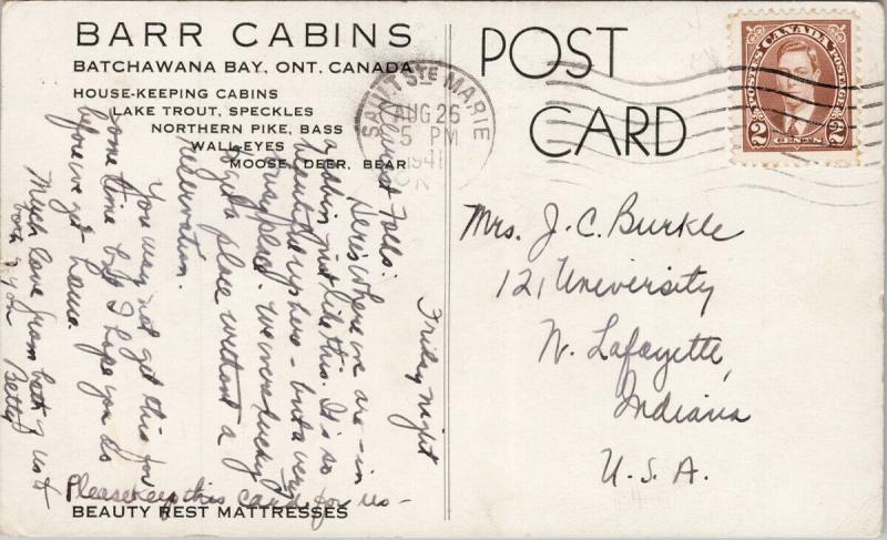 Barr Cabins Batchawana Bay ON Ontario c1941 Vintage Postcard E56