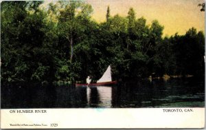 Postcard ON Toronto On Humber River Man Rowing in a Canoe with Sail ~1910 K65