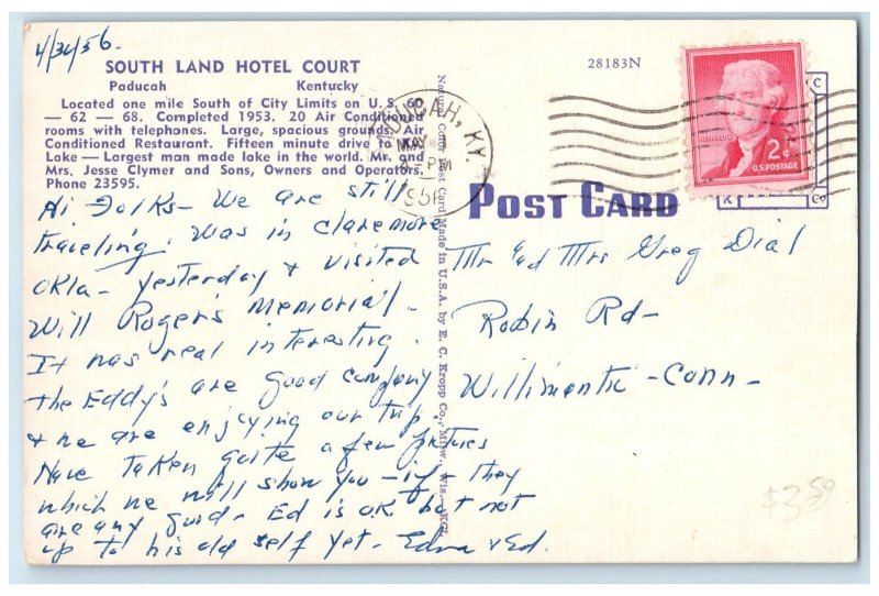 1958 South Land Hotel Court And Restaurant Paducah Kentucky KY Signage Postcard