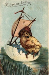 Easter Fantasy Fisherman Chick in Eggshell Boat c1910 Vintage Postcard