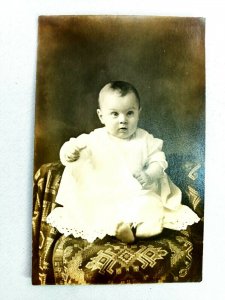 Baby Child Portrait in White Clothes Sitting on Chair RPPC Vintage Postcard