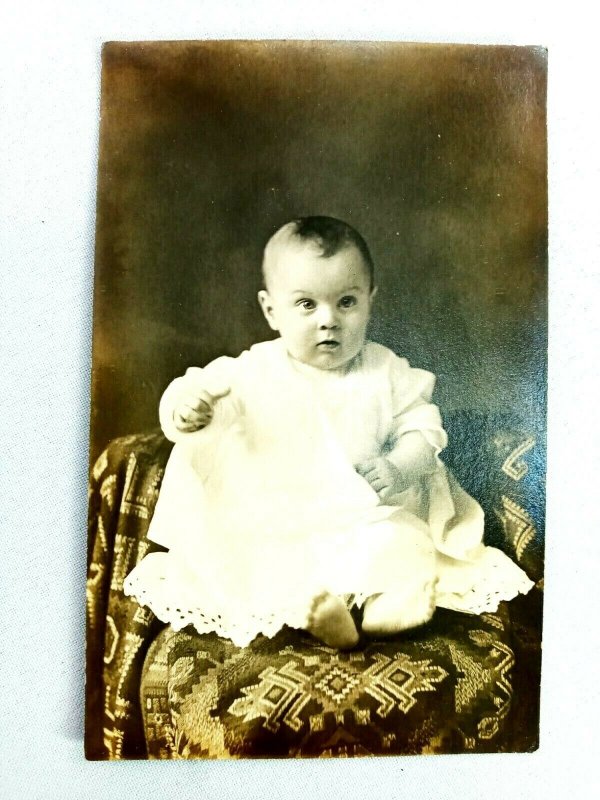 Vintage Postcard Baby Child Portrait in White Clothes Sitting on Chair RPPC 