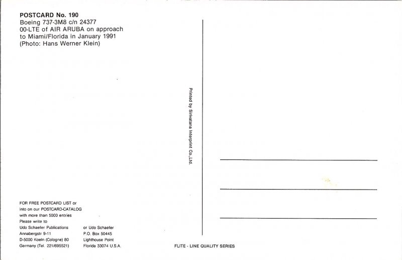 Air Aruba Boeing 737-3M8 Postcard FLITE-LINE 1991