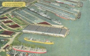 Mobile AL Alabama State Docks Aerial View 1954 Linen Postcard Used, Ships