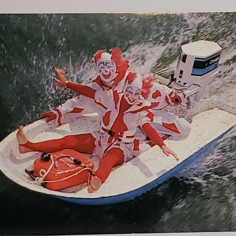 VTG Postcard Corky Clown Cypress Gardens Florida water ski review boat 1984  440