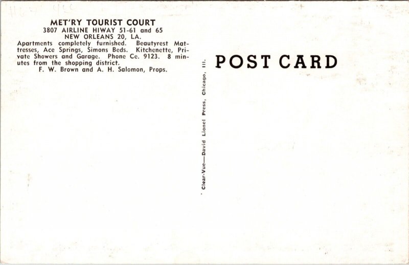 Postcard Met'ry Tourist Court in New Orleans, Louisiana